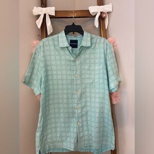 Tommy Bahama Men's Silk Aqua Checkered Button Down Shirt EUC Size M